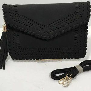 Black Perforated Clutch Handbag Purse Tassel Strap